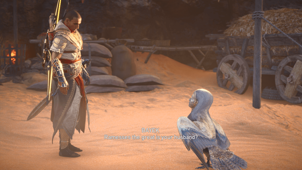 AC Origins Bayek talking to a God bird